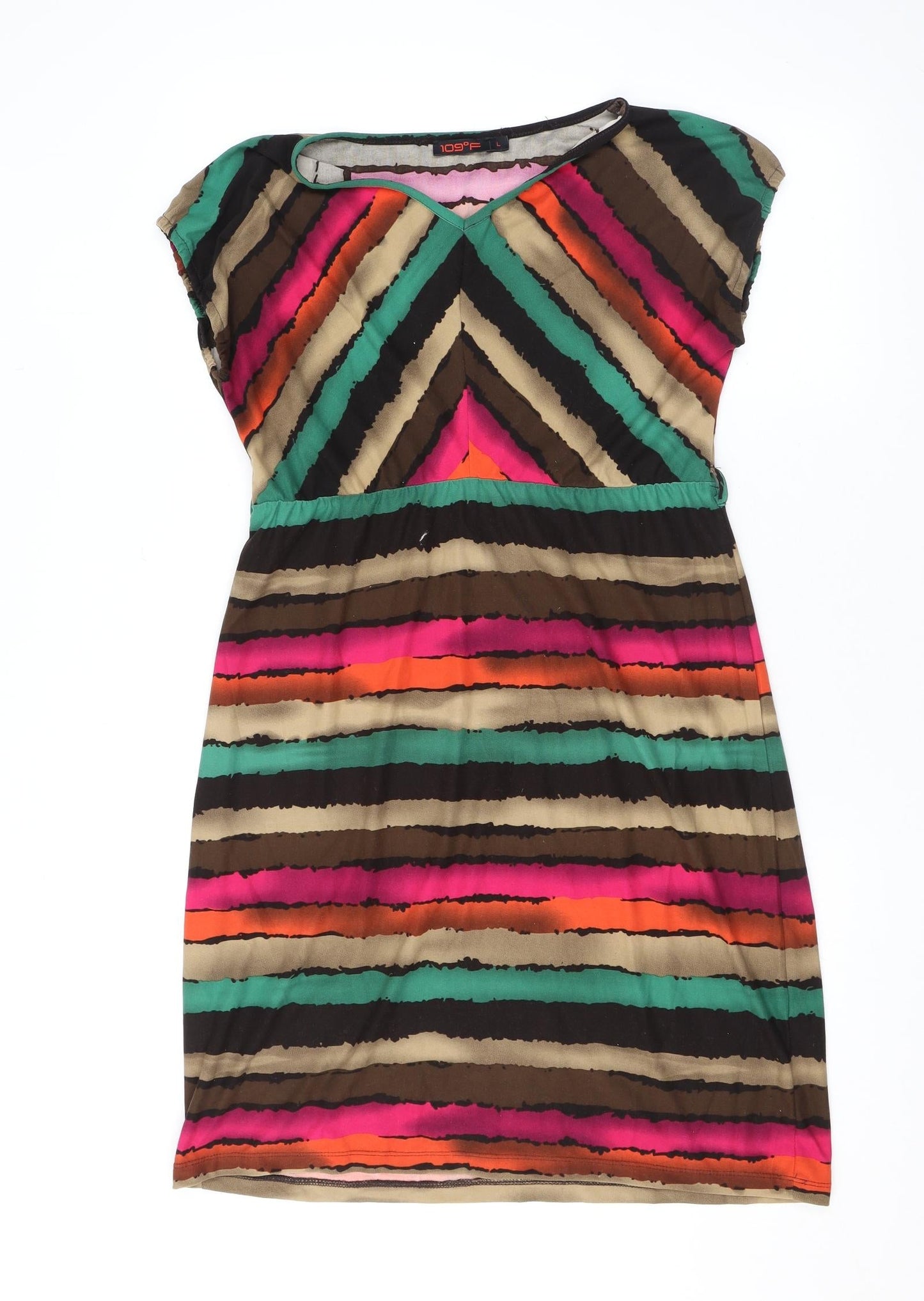 109F Womens Multicoloured Striped Polyester A-Line Size L V-Neck Pullover