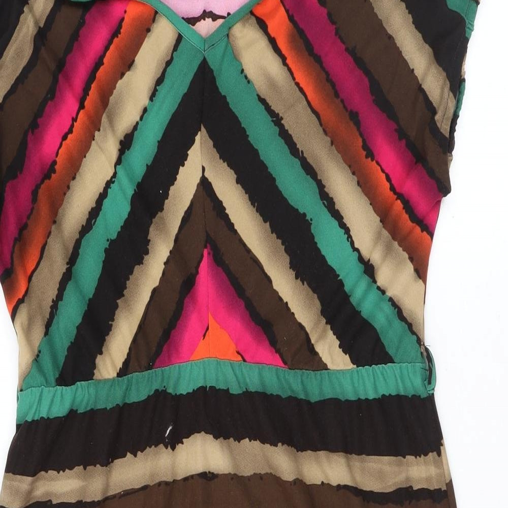 109F Womens Multicoloured Striped Polyester A-Line Size L V-Neck Pullover