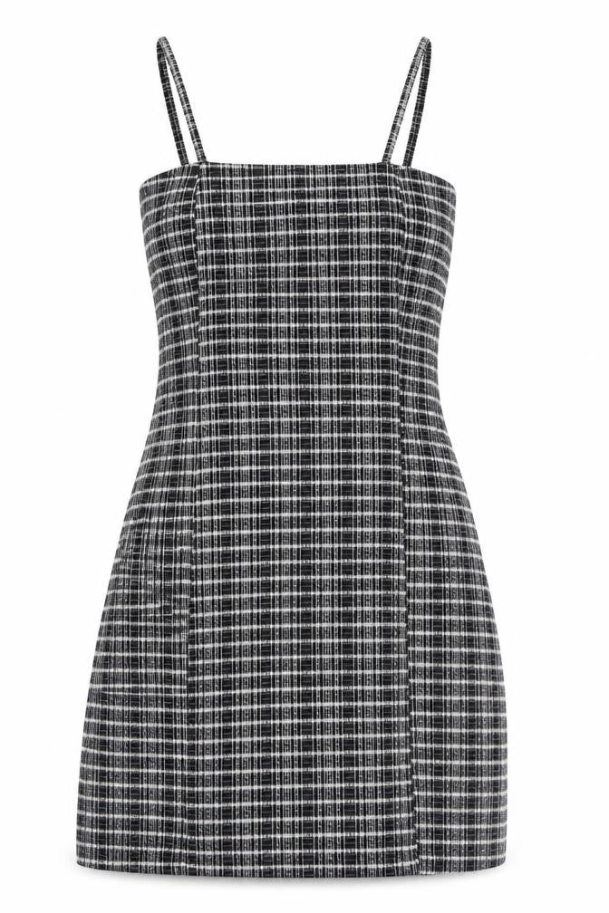 Topshop Womens Brown Check Polyester Bodycon Size 8 Square Neck Zip