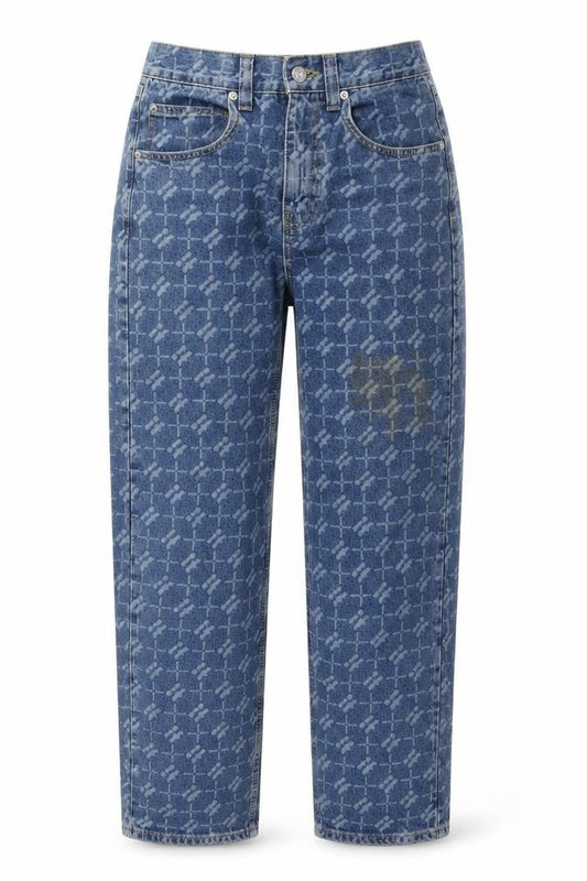 Front view of BDG women’s blue geometric cotton boyfriend jeans, size UK 27, in, 31-inch leg regular zip