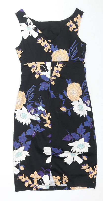 Dorothy Perkins Womens Black Floral Cotton A-Line Size 10 Boat Neck Zip