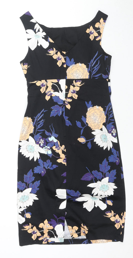 Dorothy Perkins Womens Black Floral Cotton A-Line Size 10 Boat Neck Zip