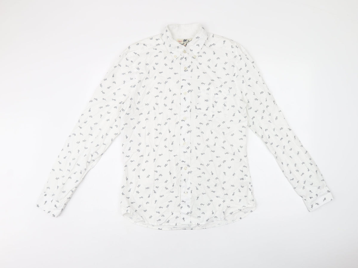 NEXT Mens White Geometric Cotton Button-Up Size S Collared Button - Fish print