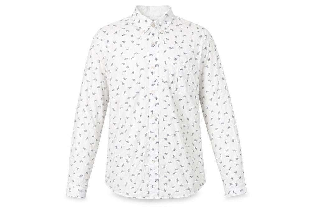 NEXT Mens White Geometric Cotton Button-Up Size S Collared Button - Fish print