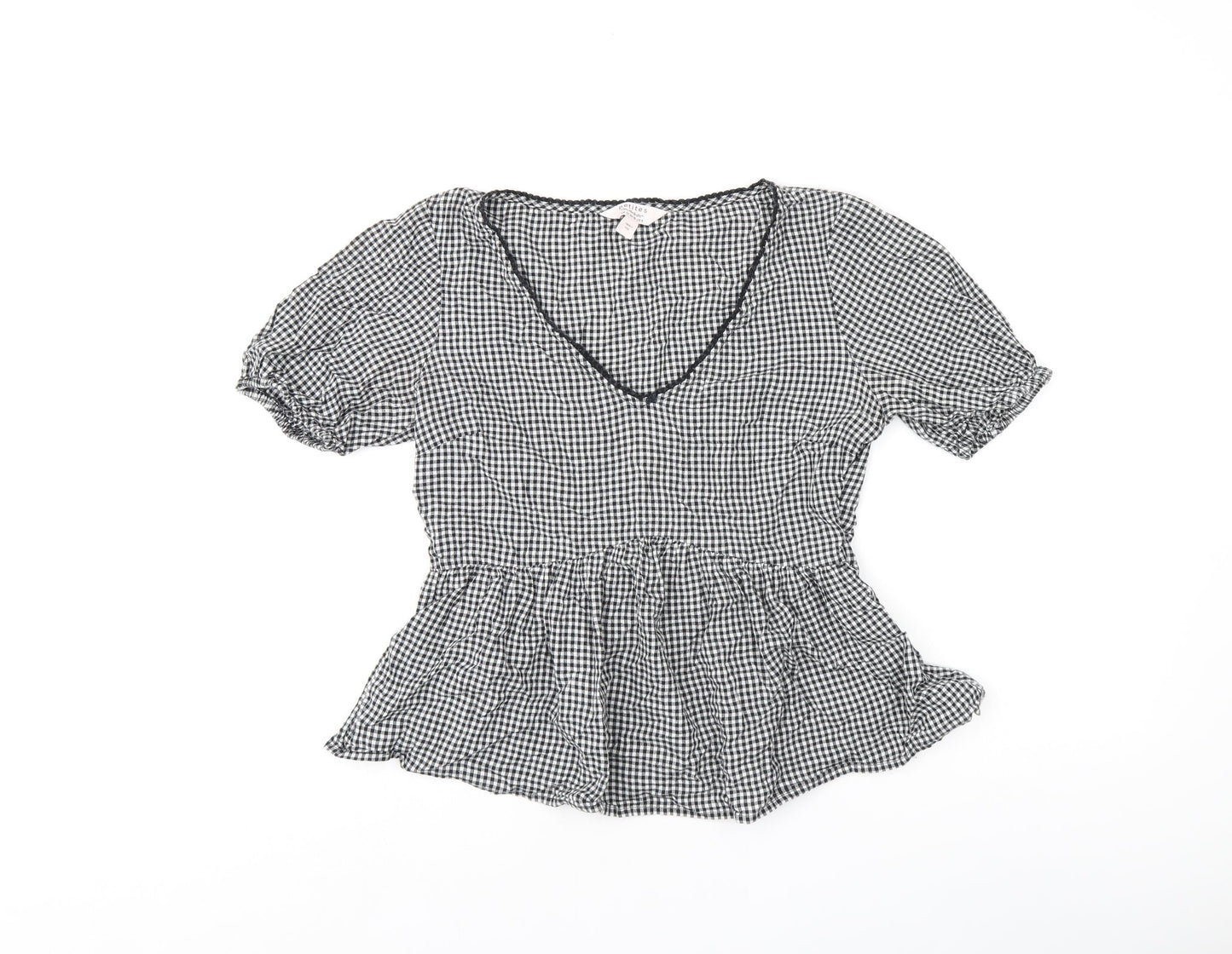 Miss Selfridge Womens Grey Geometric Viscose Jersey T-Shirt Size 10 V-Neck - Gingham pattern