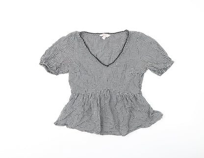 Miss Selfridge Womens Grey Geometric Viscose Jersey T-Shirt Size 10 V-Neck - Gingham pattern