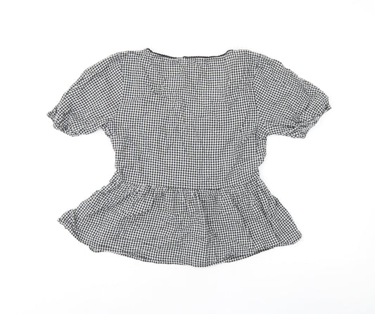 Miss Selfridge Womens Grey Geometric Viscose Jersey T-Shirt Size 10 V-Neck - Gingham pattern