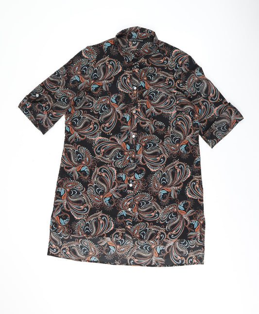 Definitions Womens Black Paisley Polyester Basic Button-Up Size 14 Collared