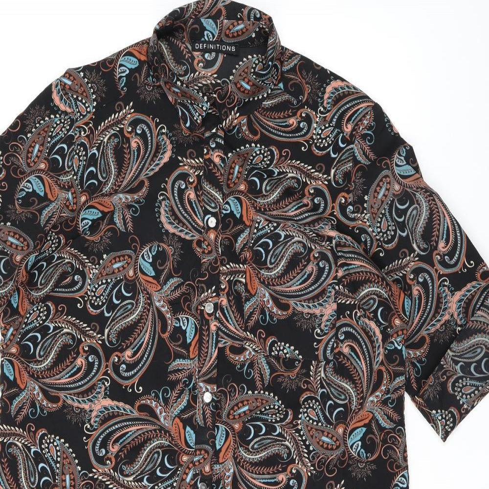 Definitions Womens Black Paisley Polyester Basic Button-Up Size 14 Collared