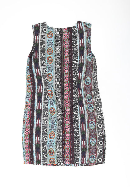 Warehouse Womens Brown Floral Polyester Shift Size 10 Boat Neck Zip