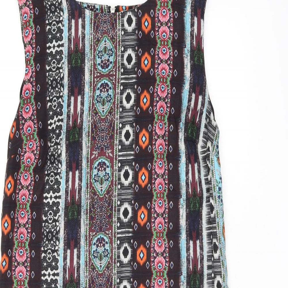 Warehouse Womens Brown Floral Polyester Shift Size 10 Boat Neck Zip