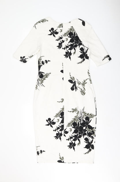 Marks and Spencer Womens White Floral Polyester Pencil Dress Size 10 V-Neck Zip