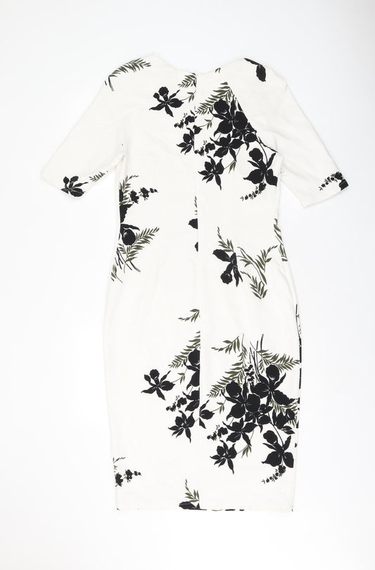 Marks and Spencer Womens White Floral Polyester Pencil Dress Size 10 V-Neck Zip