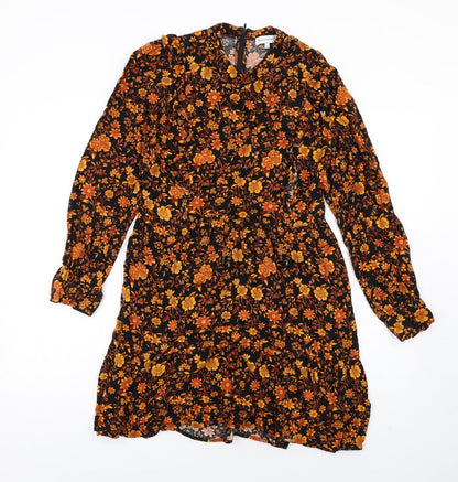 Warehouse Womens Black Floral Viscose A-Line Size 12 Mock Neck Zip