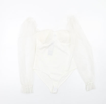 I SAW IT FIRST Womens White Polyester Bodysuit One-Piece Size S Hook & Eye - Milk Maid Mesh Sleeves