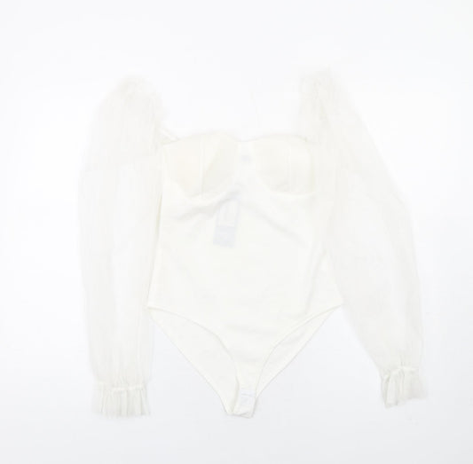 I SAW IT FIRST Womens White Polyester Bodysuit One-Piece Size S Hook & Eye - Milk Maid Mesh Sleeves