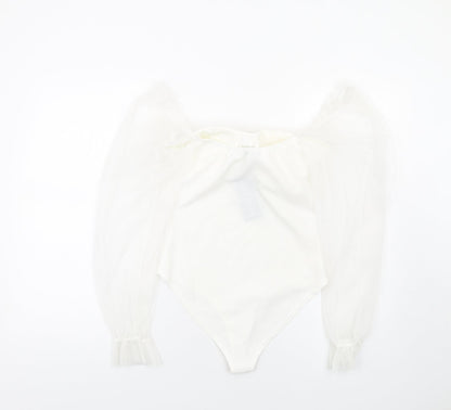 I SAW IT FIRST Womens White Polyester Bodysuit One-Piece Size S Hook & Eye - Milk Maid Mesh Sleeves
