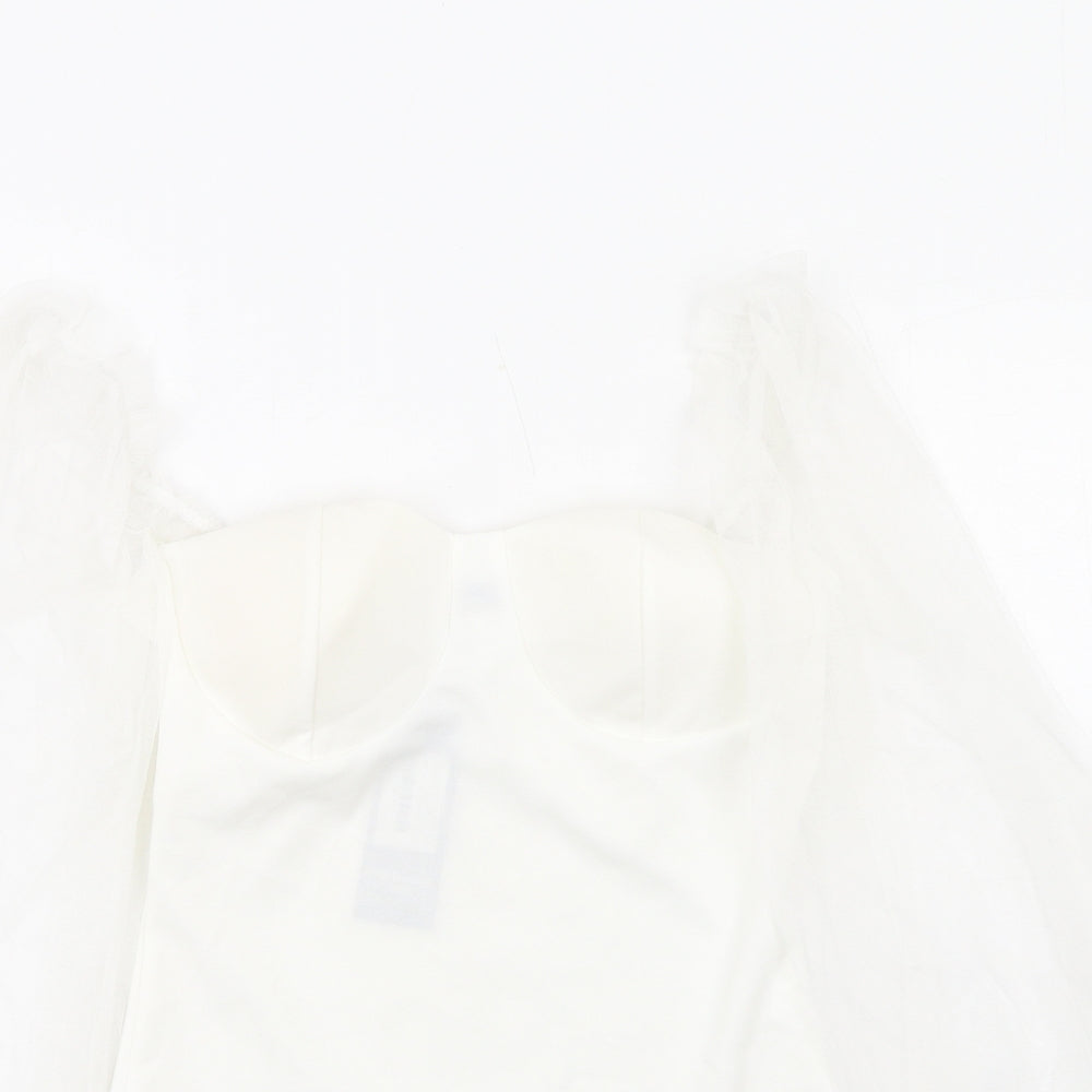 I SAW IT FIRST Womens White Polyester Bodysuit One-Piece Size S Hook & Eye - Milk Maid Mesh Sleeves