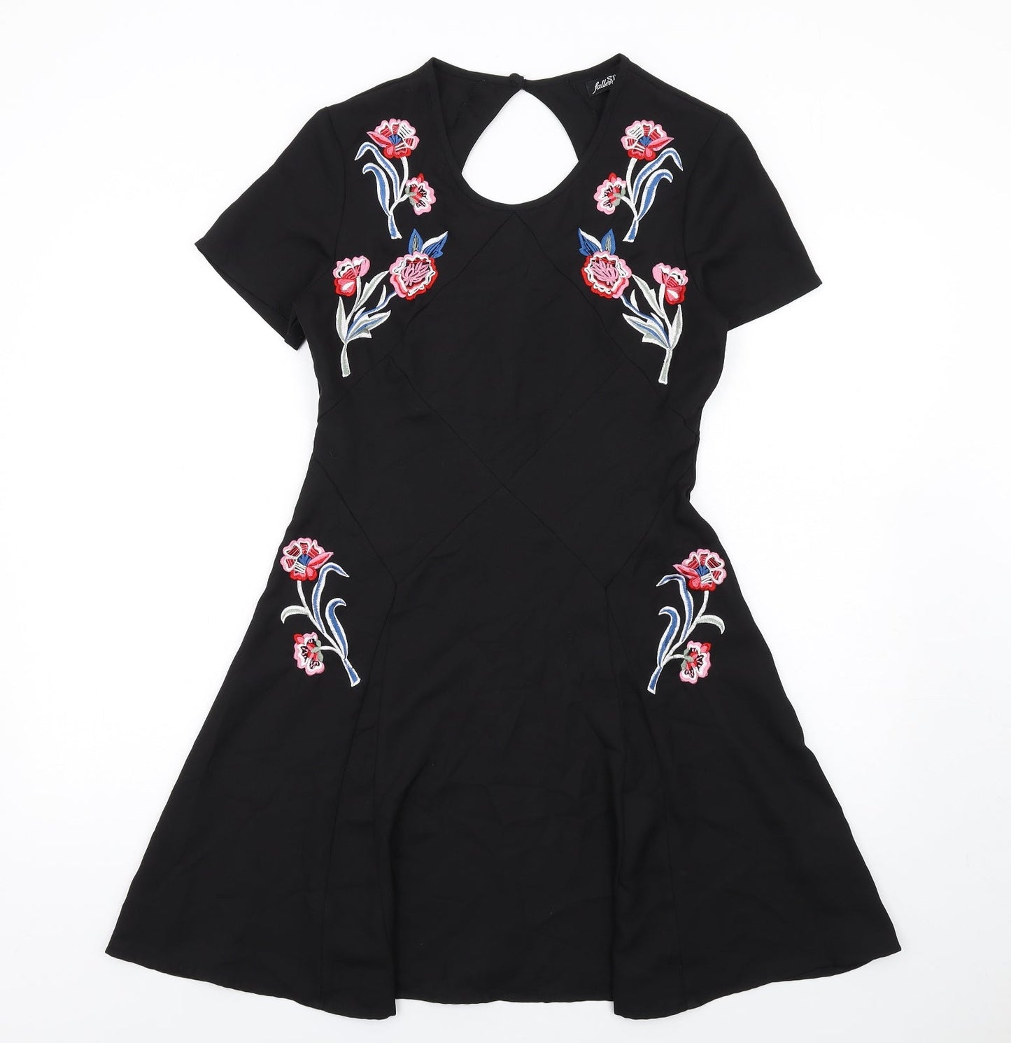 Fallen Star Womens Black Polyester A-Line Size 10 Round Neck Zip - Floral Embroidery