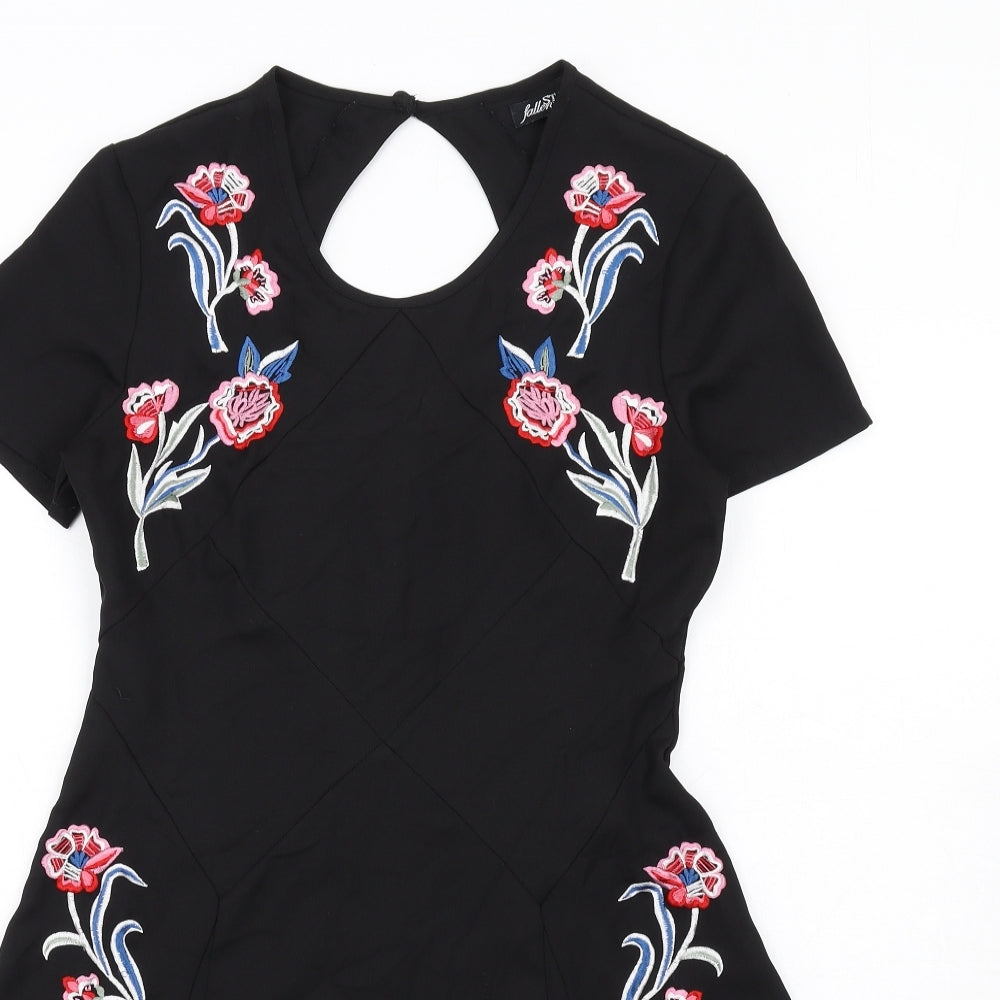 Fallen Star Womens Black Polyester A-Line Size 10 Round Neck Zip - Floral Embroidery