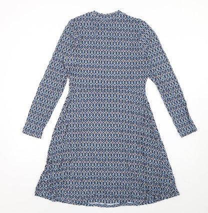 Marks and Spencer Womens Blue Geometric Viscose A-Line Size 10 Round Neck Pullover