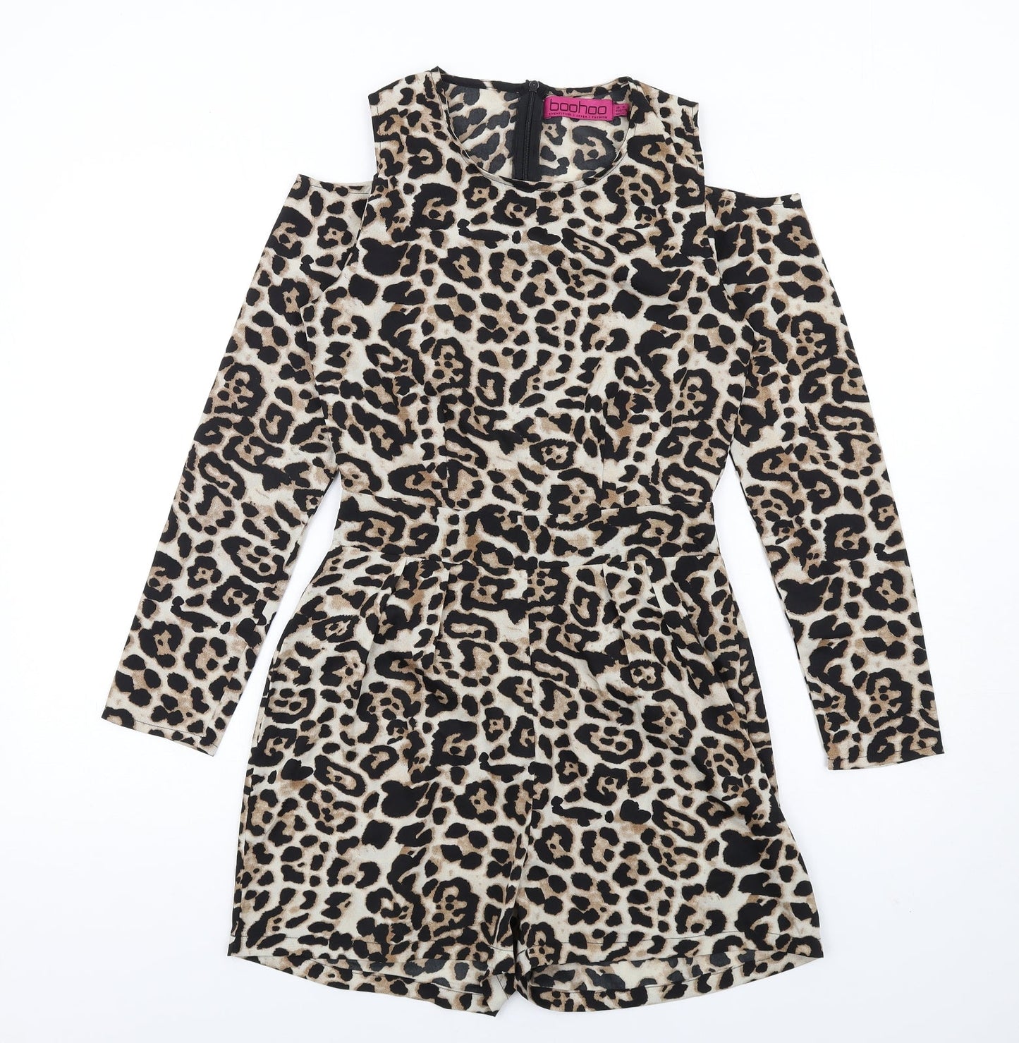 Boohoo Womens Brown Animal Print Polyester Playsuit One-Piece Size 6 Zip - Leopard Print Cold Shoulder