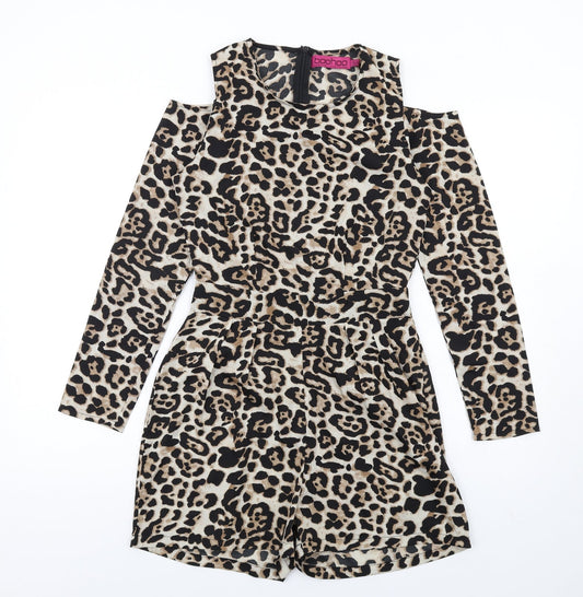 Boohoo Womens Brown Animal Print Polyester Playsuit One-Piece Size 6 Zip - Leopard Print Cold Shoulder