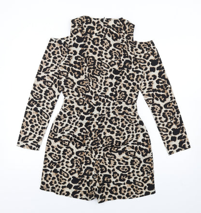 Boohoo Womens Brown Animal Print Polyester Playsuit One-Piece Size 6 Zip - Leopard Print Cold Shoulder