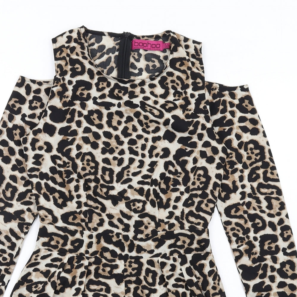 Boohoo Womens Brown Animal Print Polyester Playsuit One-Piece Size 6 Zip - Leopard Print Cold Shoulder