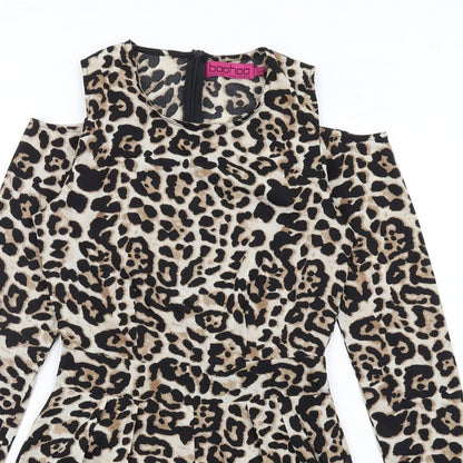 Boohoo Womens Brown Animal Print Polyester Playsuit One-Piece Size 6 Zip - Leopard Print Cold Shoulder