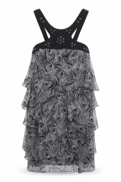 VERO MODA Womens Grey Animal Print Polyester A-Line Size S Scoop Neck Button - Peacock Feather Print