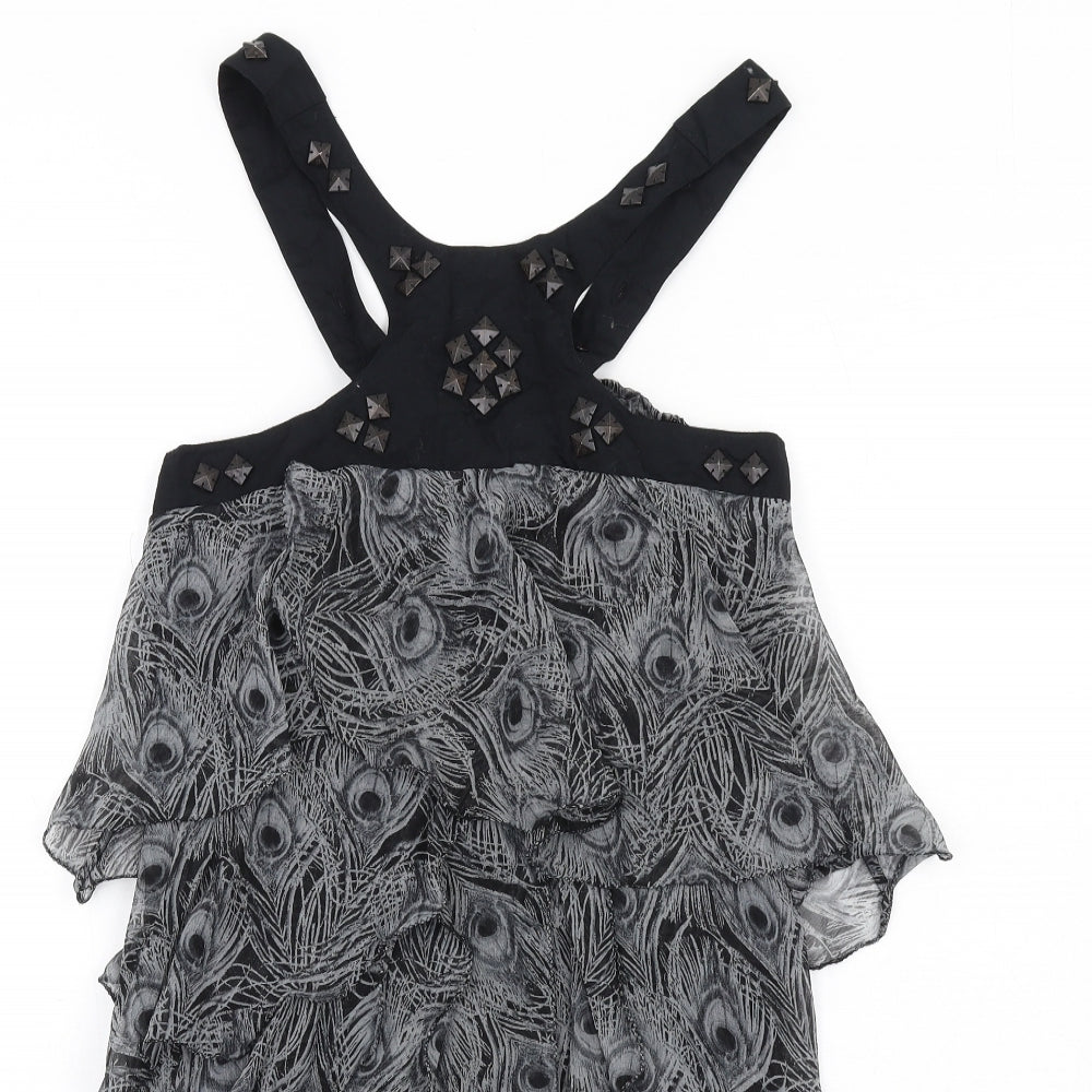 VERO MODA Womens Grey Animal Print Polyester A-Line Size S Scoop Neck Button - Peacock Feather Print