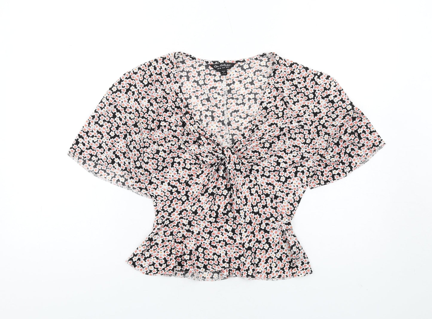 Miss Selfridge Womens Multicoloured Floral Polyester Basic T-Shirt Size 8 V-Neck - Twist Front