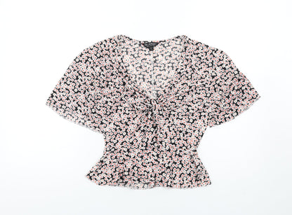 Miss Selfridge Womens Multicoloured Floral Polyester Basic T-Shirt Size 8 V-Neck - Twist Front