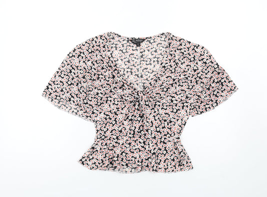 Miss Selfridge Womens Multicoloured Floral Polyester Basic T-Shirt Size 8 V-Neck - Twist Front