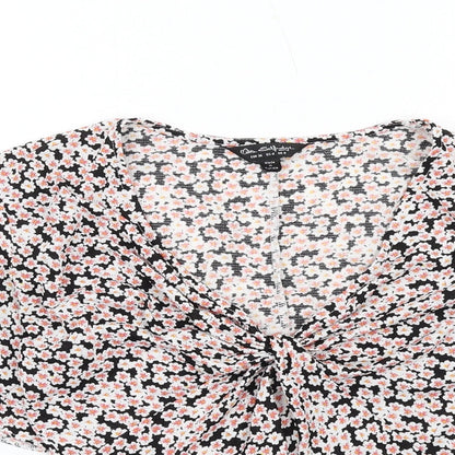 Miss Selfridge Womens Multicoloured Floral Polyester Basic T-Shirt Size 8 V-Neck - Twist Front