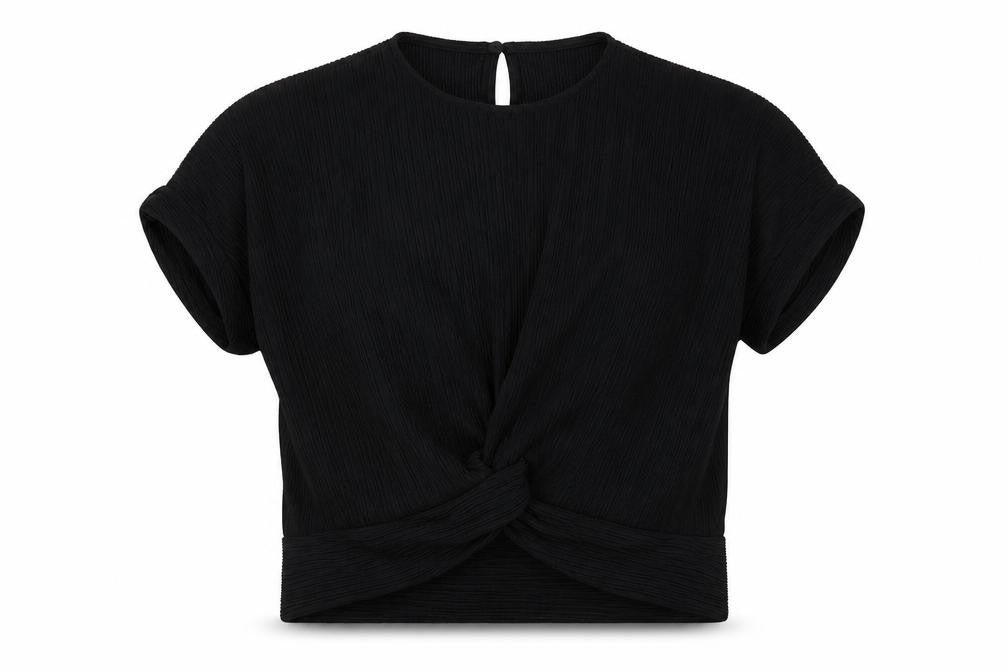 Front view of Zara girls’ black polyester basic blouse, size 9, years crew neck button - textured