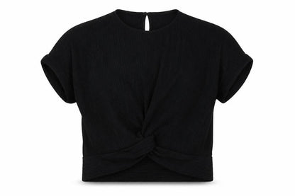 Front view of Zara girls’ black polyester basic blouse, size 9, years crew neck button - textured
