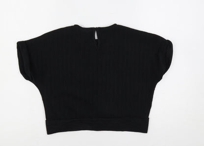 Zara Girls Black Polyester Basic Blouse Size 9 Years Crew Neck Button - Textured