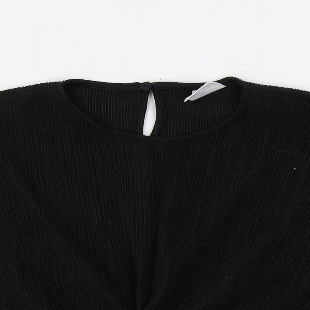 Zara Girls Black Polyester Basic Blouse Size 9 Years Crew Neck Button - Textured