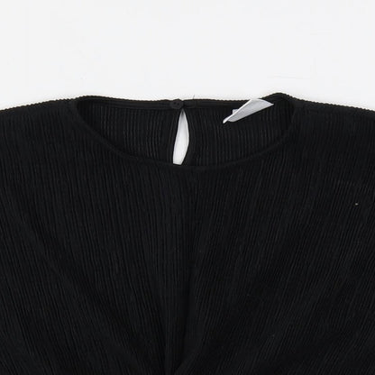 Zara Girls Black Polyester Basic Blouse Size 9 Years Crew Neck Button - Textured