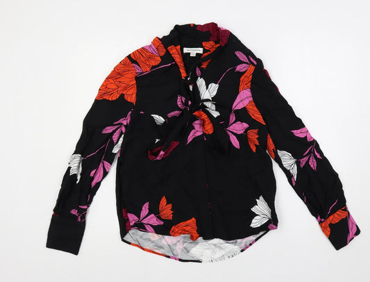 Autograph Womens Black Floral Viscose Basic Button-Up Size 8 V-Neck - Tie Neck