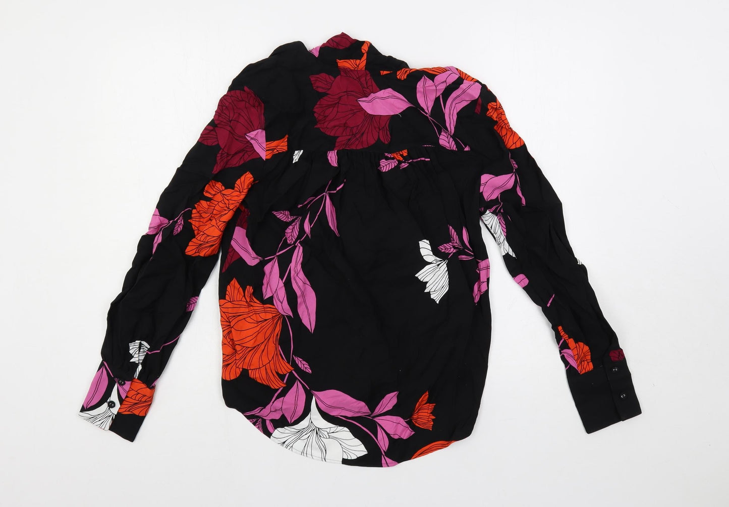 Autograph Womens Black Floral Viscose Basic Button-Up Size 8 V-Neck - Tie Neck