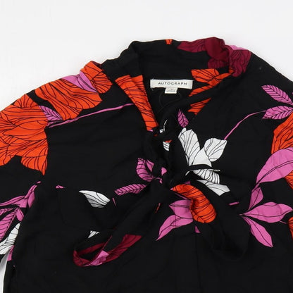 Autograph Womens Black Floral Viscose Basic Button-Up Size 8 V-Neck - Tie Neck