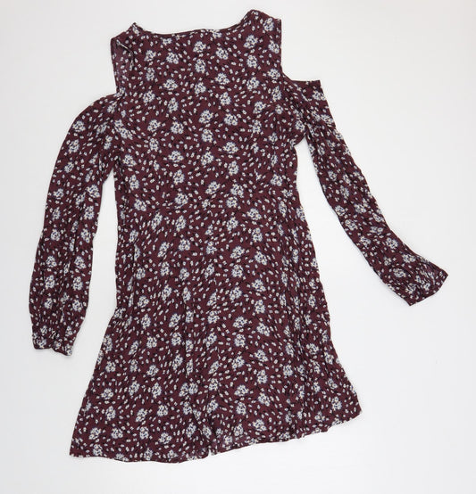 Marks and Spencer Womens Purple Floral Viscose A-Line Size 14 V-Neck Pullover - Cold Shoulder