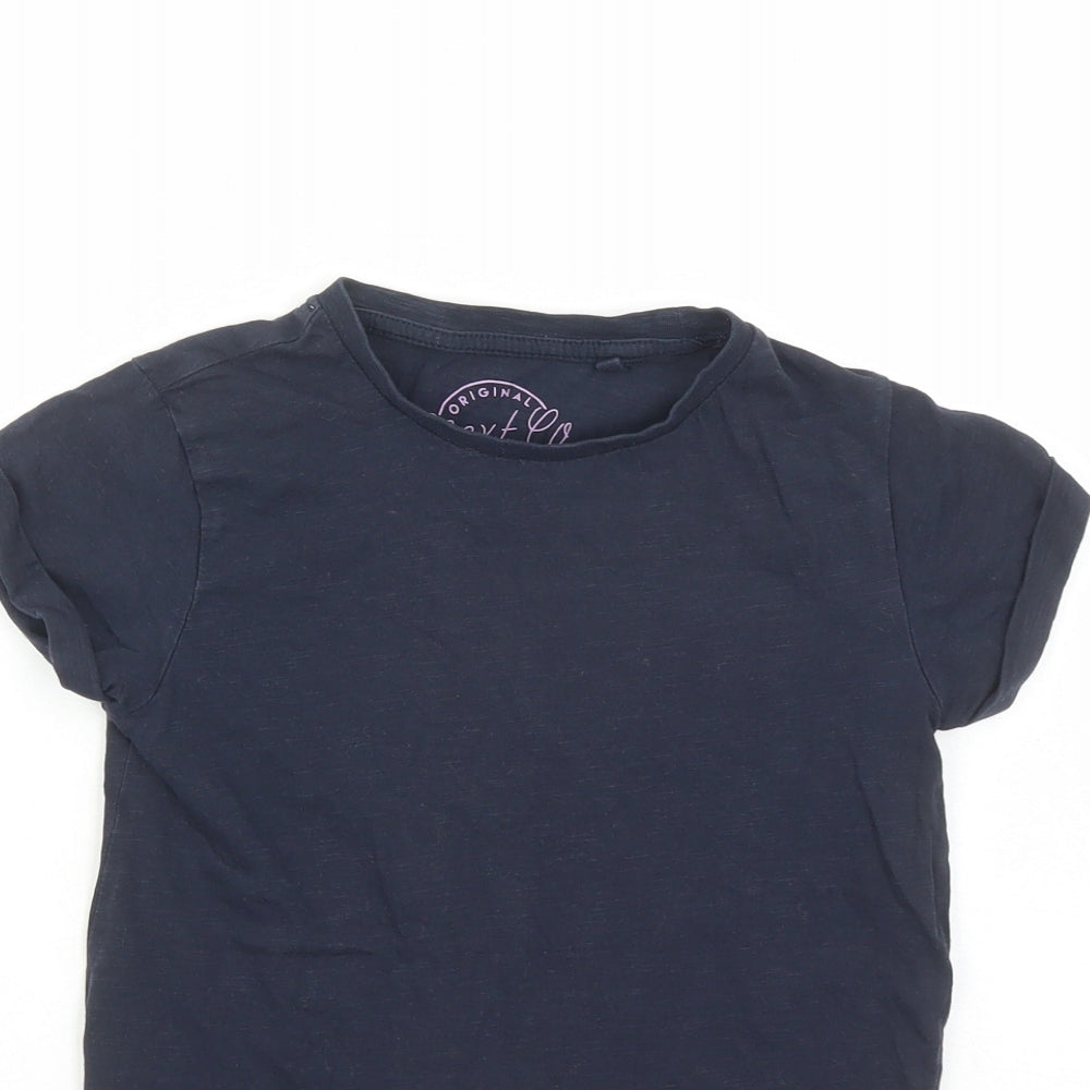 Close-up detail of Next girls’ blue cotton basic t-shirt, size 7, years round neck pullover