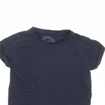 Close-up detail of Next girls’ blue cotton basic t-shirt, size 7, years round neck pullover