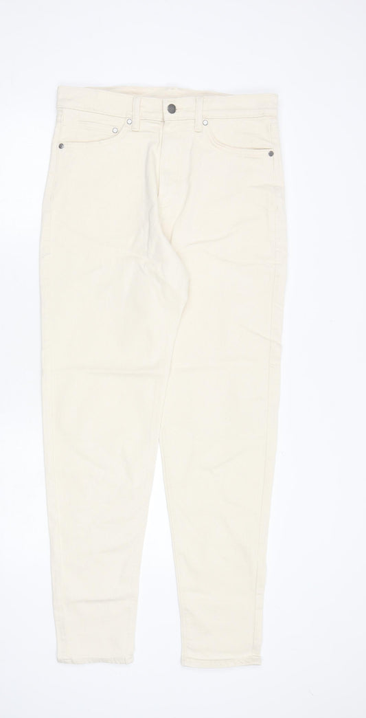Marks and Spencer Mens Ivory Cotton Tapered Jeans Size 30 in L33 in Regular Zip