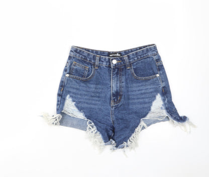 PRETTYLITTLETHING Womens Blue Cotton Cut-Off Shorts Size 8 L3 in Regular Zip - Distressed, Pockets, Belt Loops