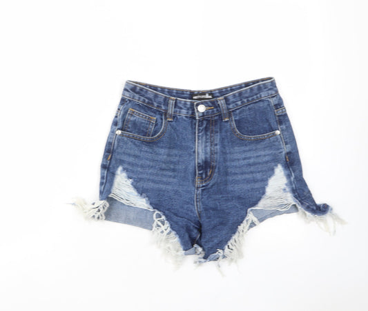 PRETTYLITTLETHING Womens Blue Cotton Cut-Off Shorts Size 8 L3 in Regular Zip - Distressed, Pockets, Belt Loops